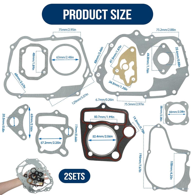 TNJPSEK 2 Pack 110cc Chinese Engine Gasket Kit, 52.4mm Bore Cylinder Head Stator Clutch Intake Gasket Compatible with 107cc 110cc 125cc Engine ATV Dirt Bike Go Kart Quad 4 Wheeler Dune Buggy (1P52FMH) - Image 2
